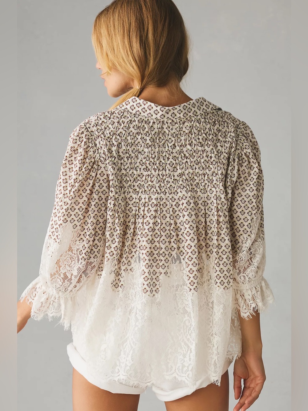 Anthropologie 100% Cotton Brown/White Victorian Sheer Lace Blouse Top Large - Picture 2 of 9